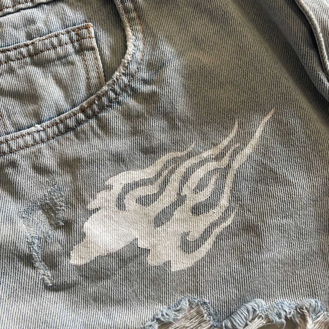 Raw Revival: Super Distressed High Waisted Shorts (Light Blue) With White Flame