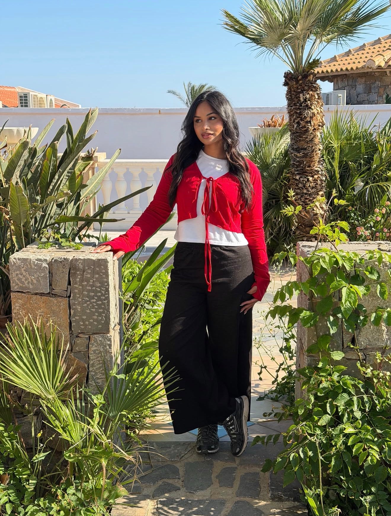 Classic Apparel: Red Tie Front Crop Cardi With Thumbholes