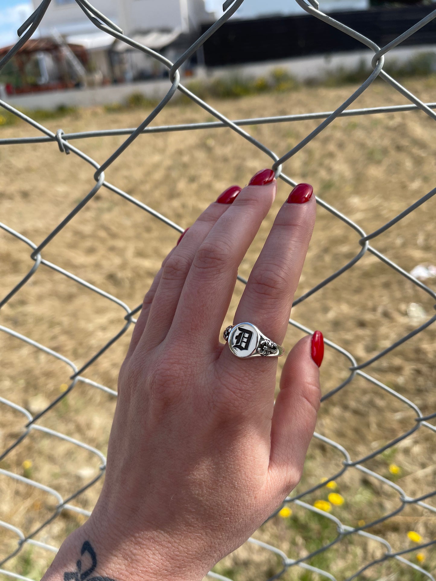 Old English Initial Ring with Scorpion Shoulders