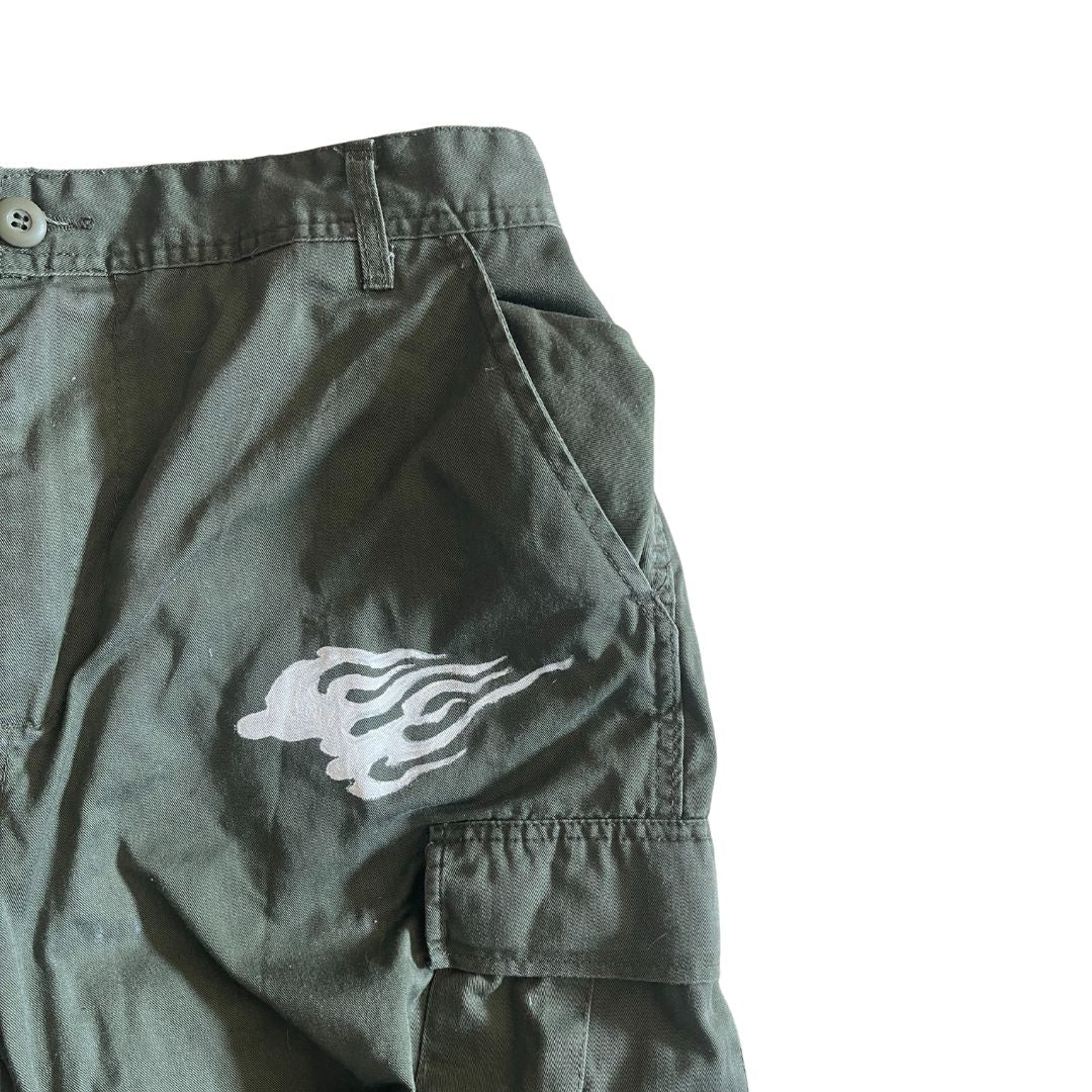 Raw Revival: Authentic Military Trousers with Hand Painted Flame