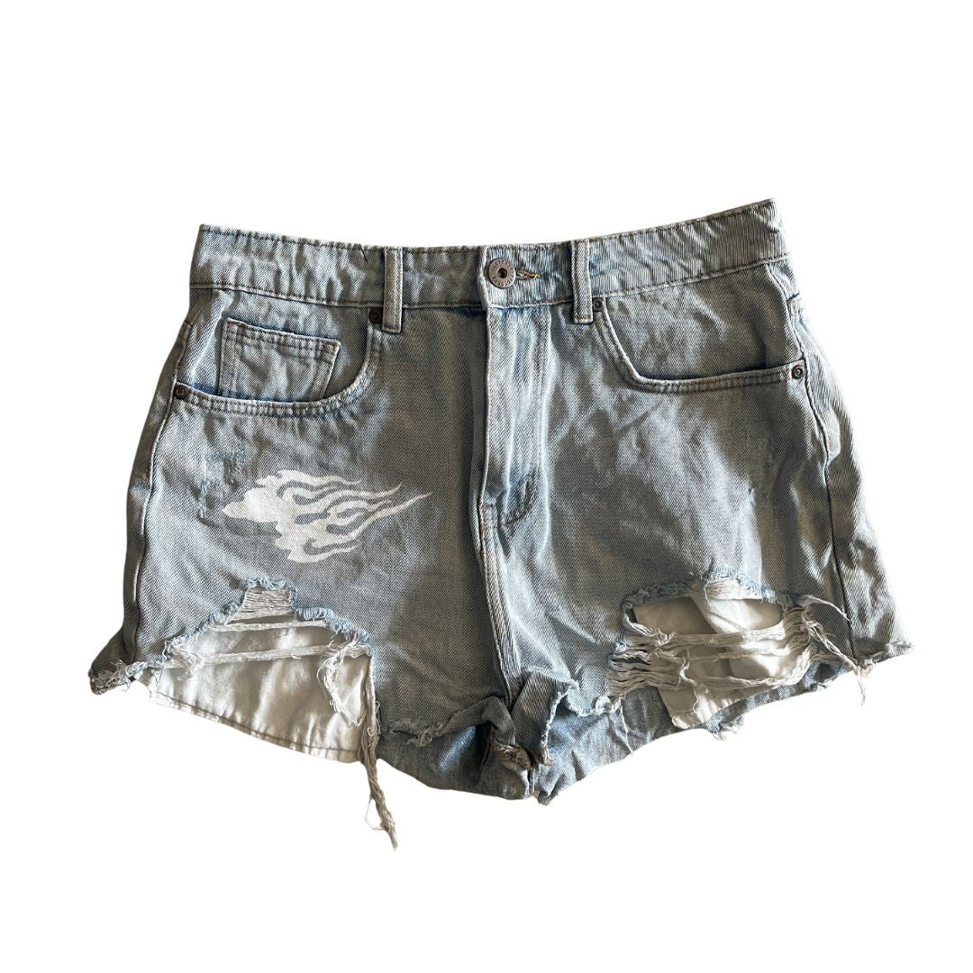 Raw Revival: Super Distressed High Waisted Shorts (Light Blue) With White Flame