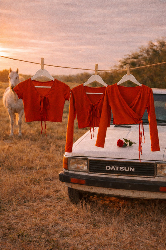 Classic Apparel: Tie Front Crop Cardi With Cap Sleeves (Red)