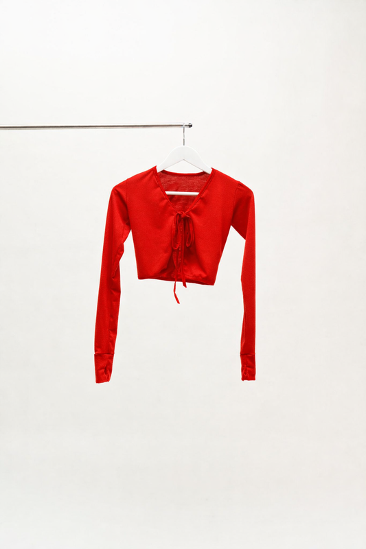 Classic Apparel: Tie Front Crop Cardi With Thumbholes (Red)