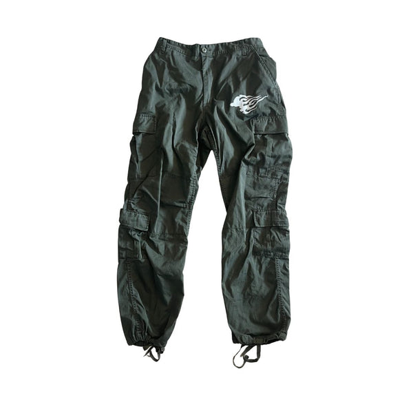 Raw Revival: Authentic Military Trousers with Hand Painted Flame