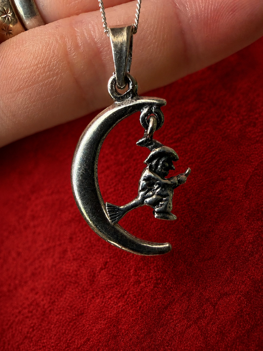 Vintage Sterling Silver Swinging Witch Crescent Moon Pendant