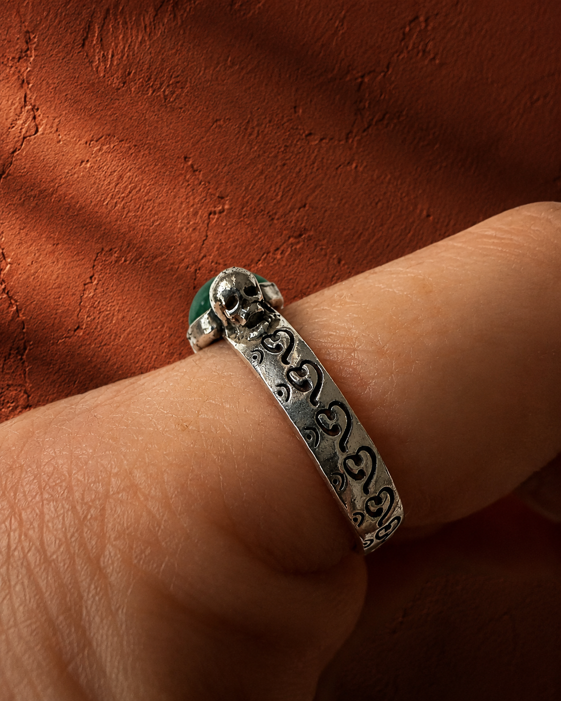 Twin Skull Om Ring with Green Agate