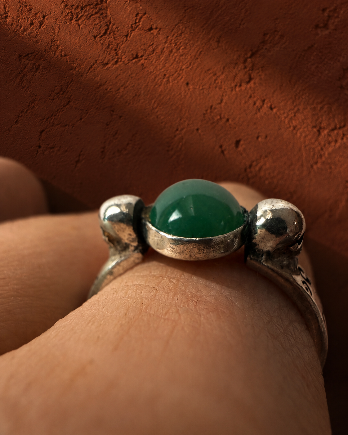 Twin Skull Om Ring with Green Agate