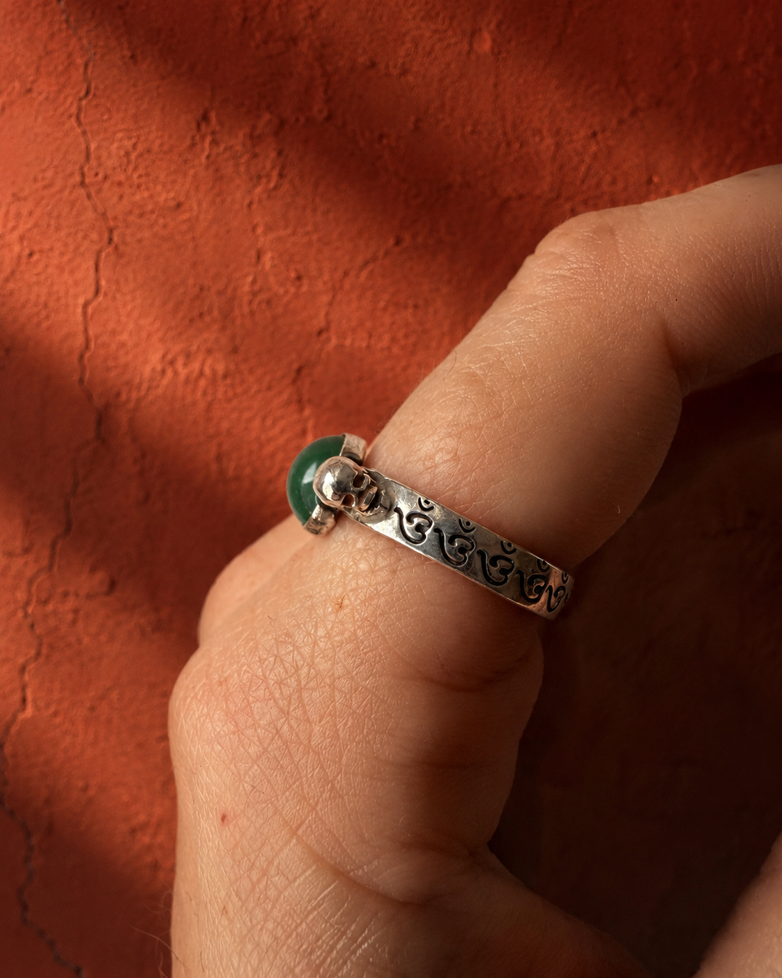 Twin Skull Om Ring with Green Agate