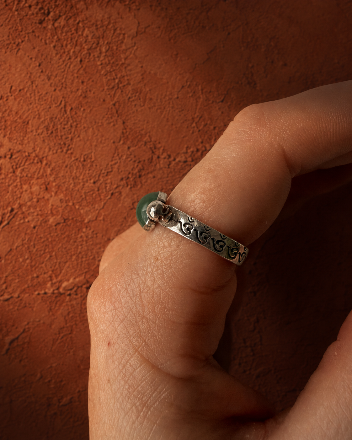 Twin Skull Om Ring with Green Agate