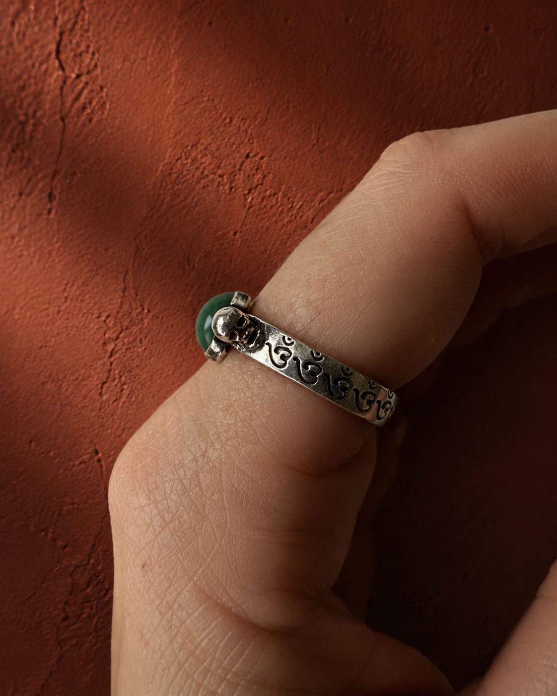 Twin Skull Om Ring with Green Agate
