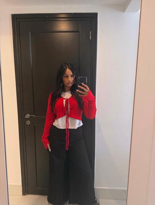 Classic Apparel: Red Tie Front Crop Cardi With Thumbholes