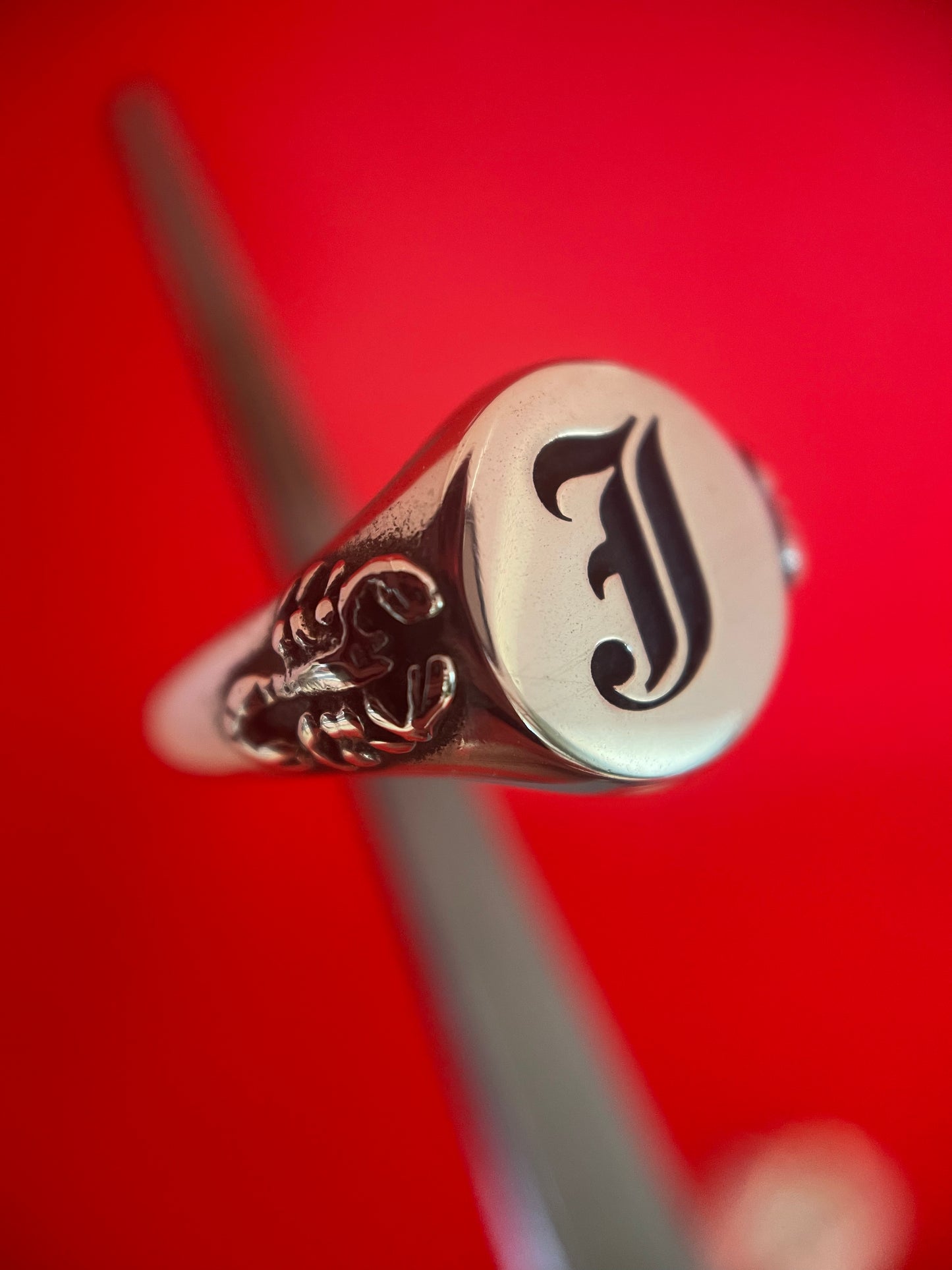 Old English Initial Ring with Scorpion Shoulders