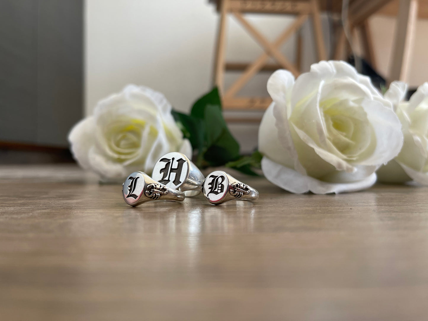 Old English Initial Ring with Scorpion Shoulders