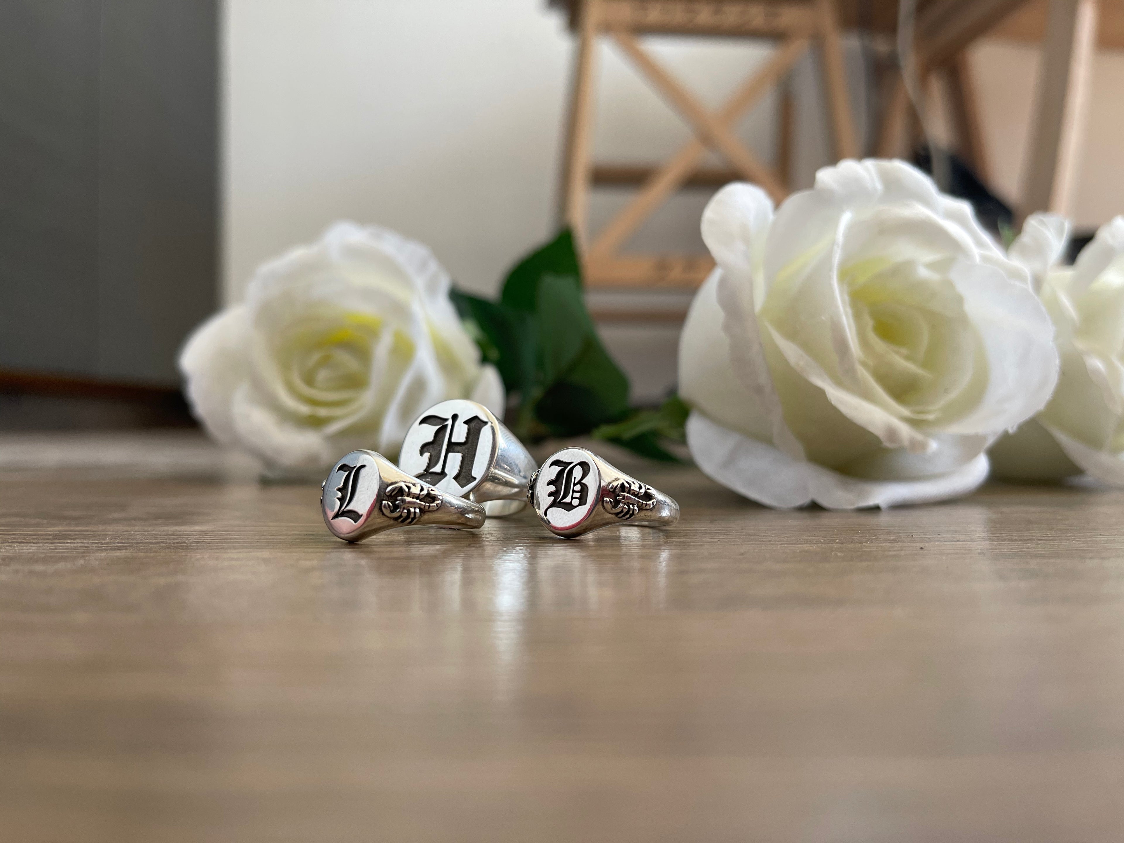 Old English Initial Ring with Scorpion Shoulders