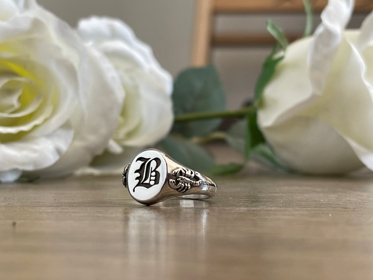 Old English Initial Ring with Scorpion Shoulders