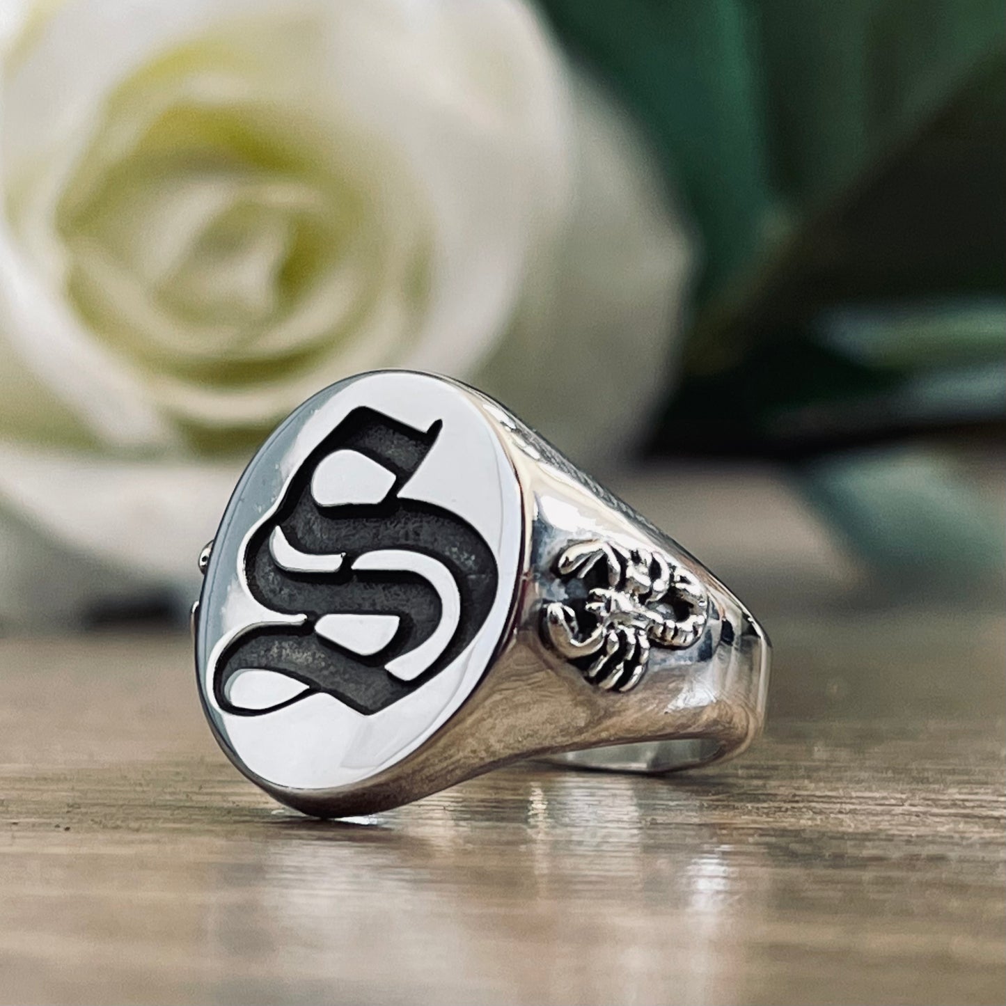 Old English Initial Ring with Scorpion Shoulders