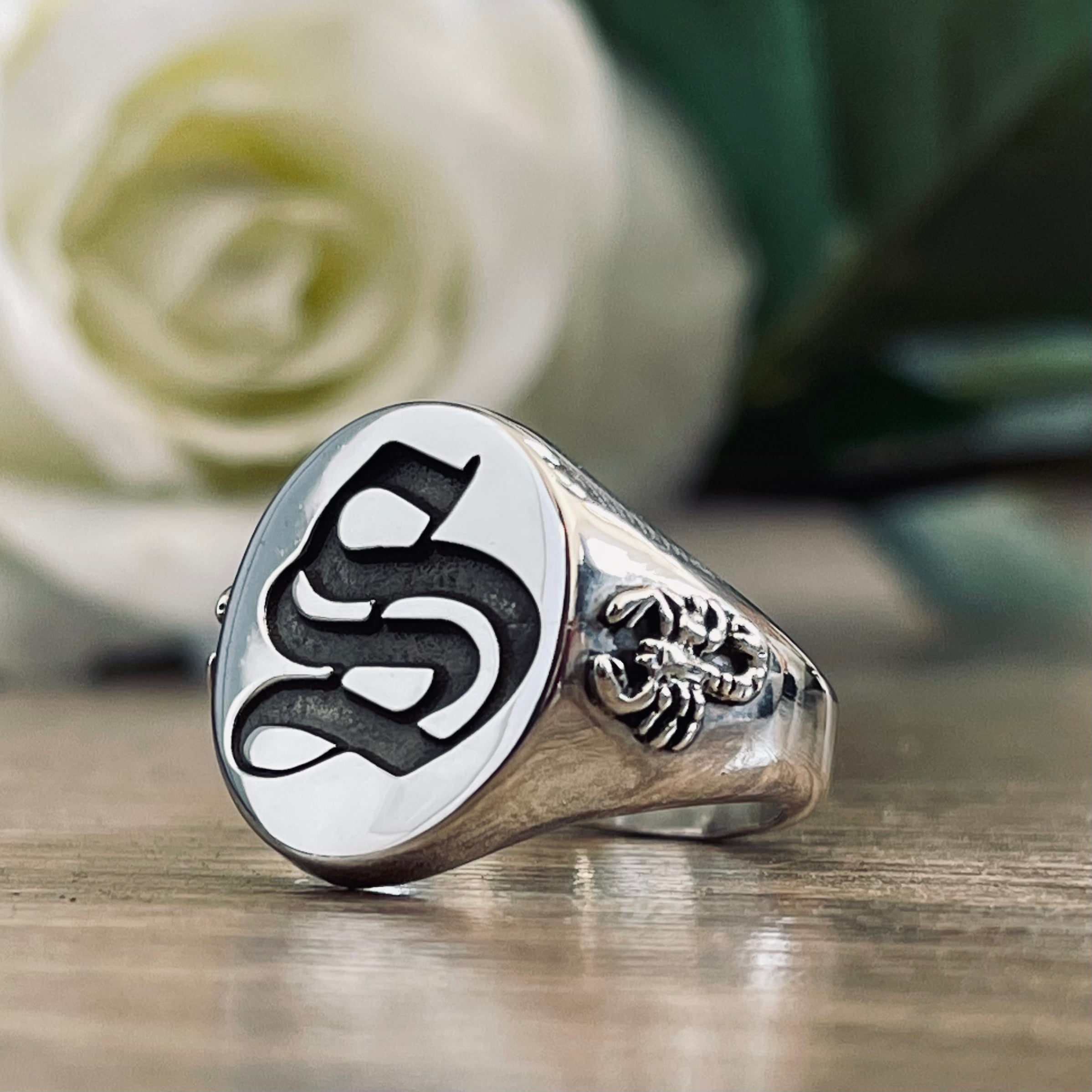 Old English Initial Ring with Scorpion Shoulders