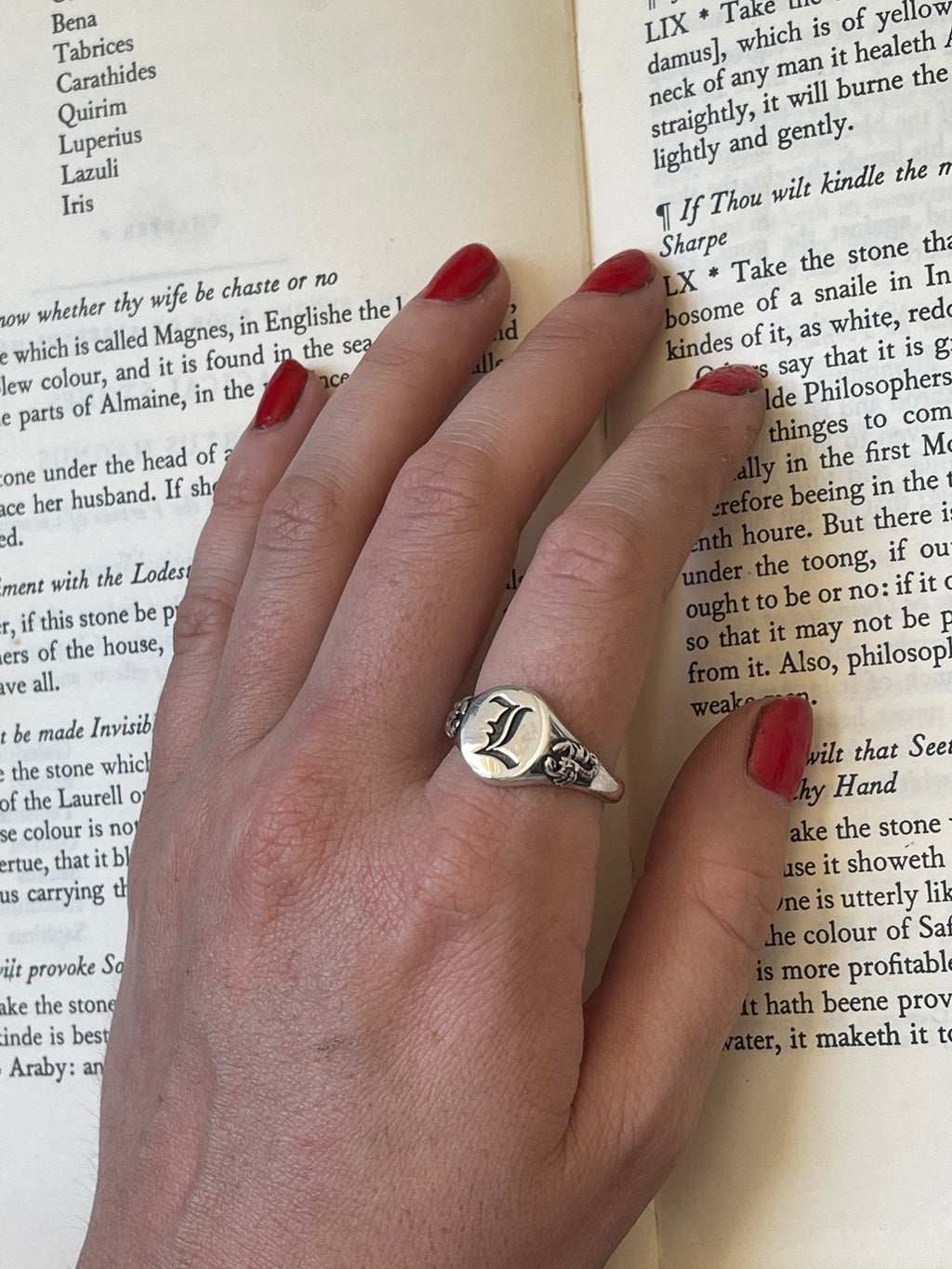 Old English Initial Ring with Scorpion Shoulders