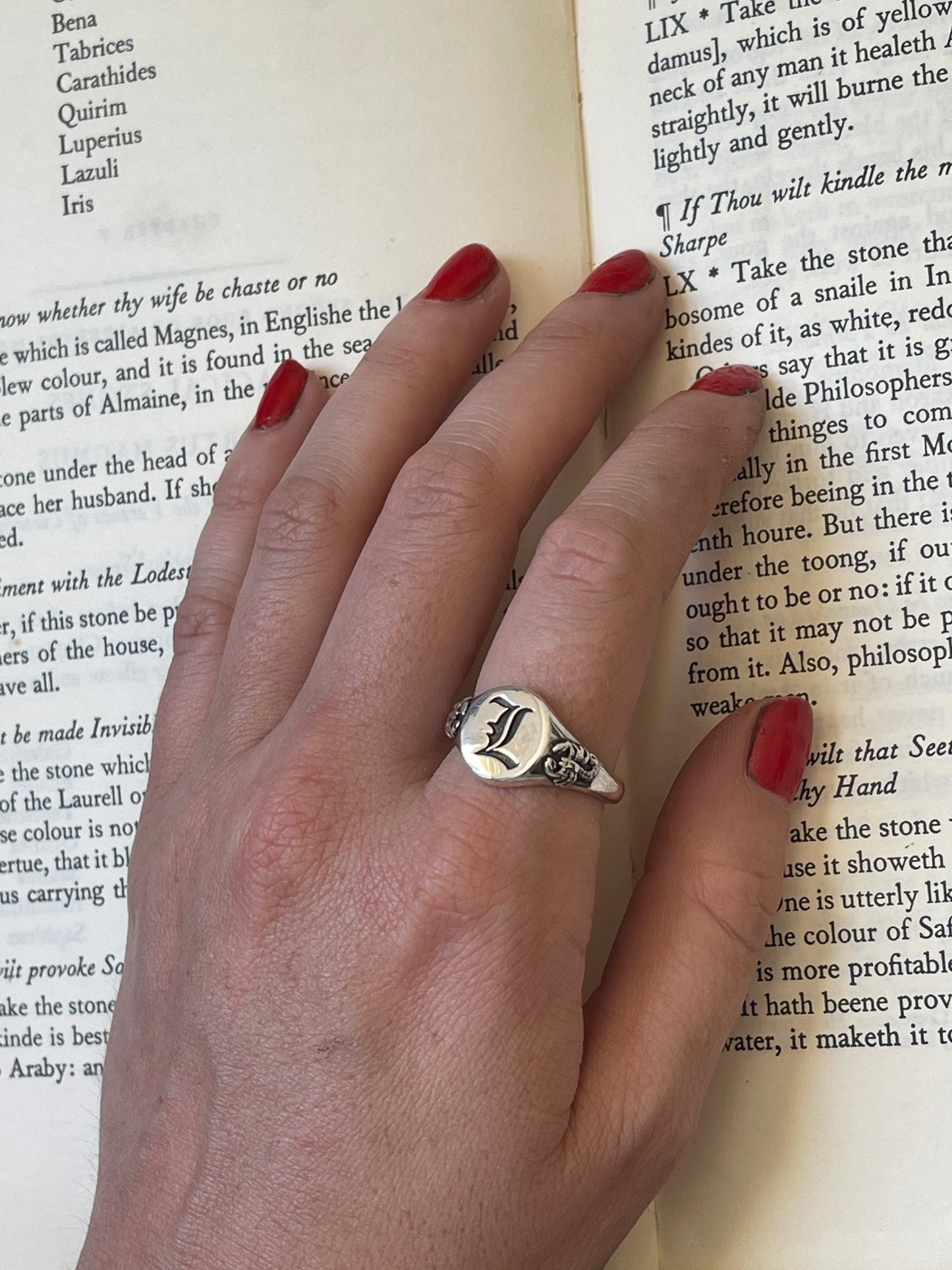 Old English Initial Ring with Scorpion Shoulders