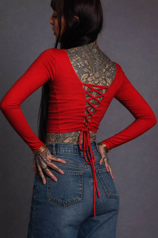 Classic Apparel: Red Fitted Crop Top Longsleeves