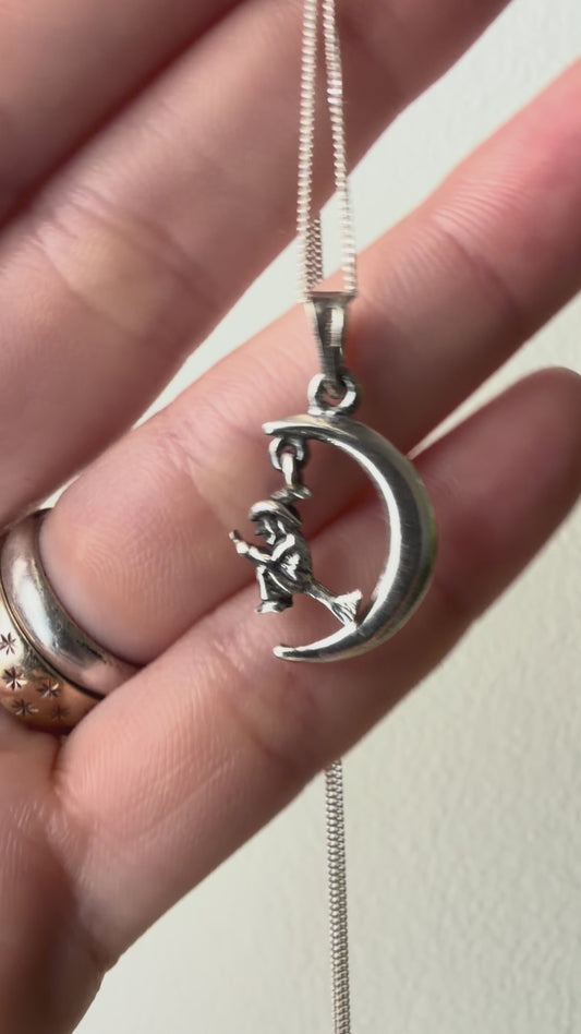 Vintage Sterling Silver Swinging Witch Crescent Moon Pendant